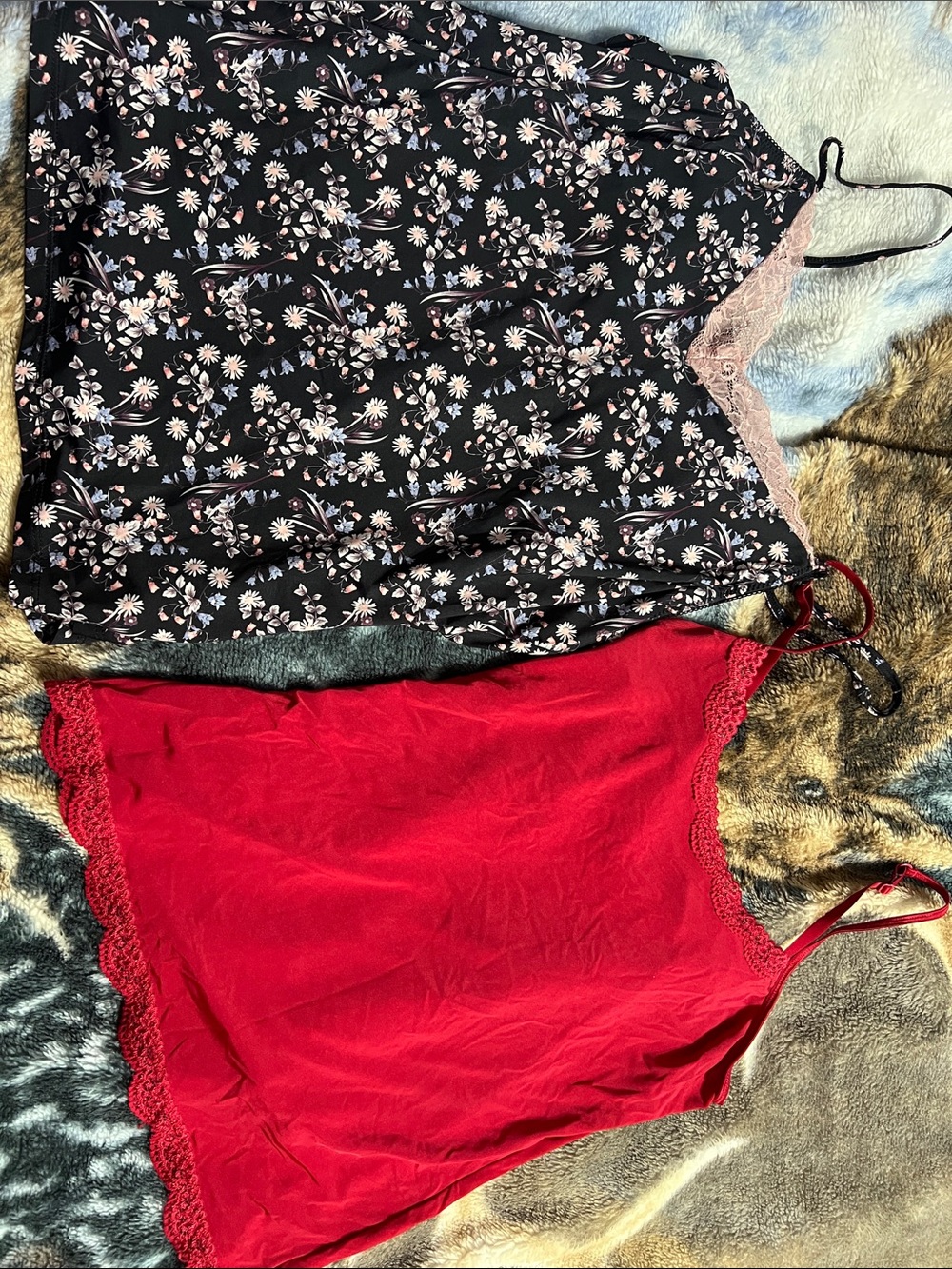 La Vie En Rose Black Floral & Jockey Red Lace-Trim tank tops